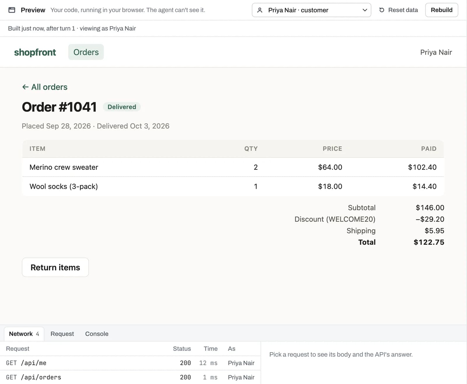 The live preview showing order #1041 with a new Return items button