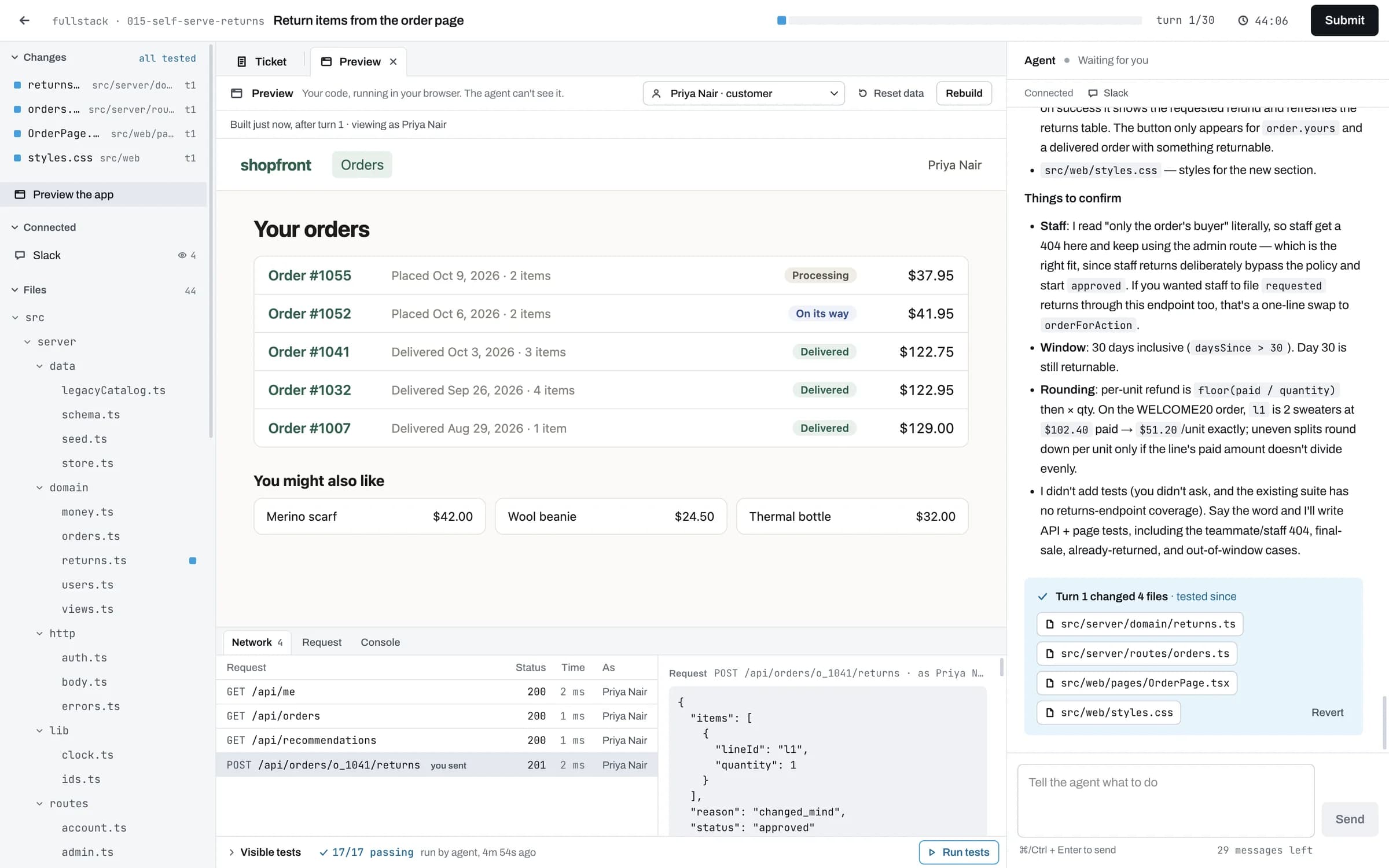 The candidate's workspace: the live preview of the store, the Network panel showing their own POST with status approved accepted with a 201, and the agent's notes beside it